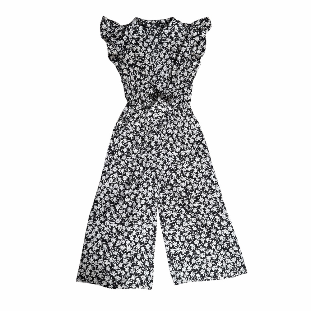 Maggy London Black Floral Flutter Sleeveless Cropped Wide Leg Jumpsuit Size 2